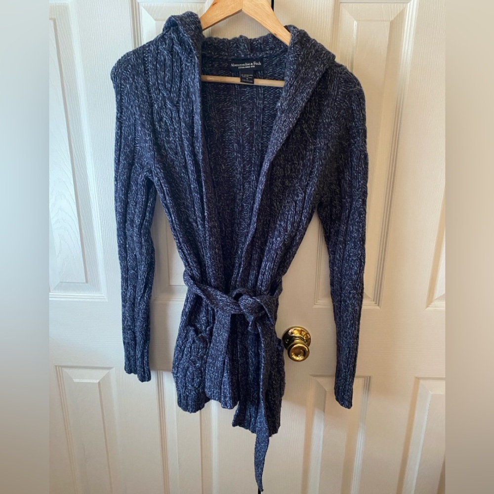 VTG Y2K Abercrombie & Fitch Blue Marled Wool Blend Cable Knit Hooded Cardigan S